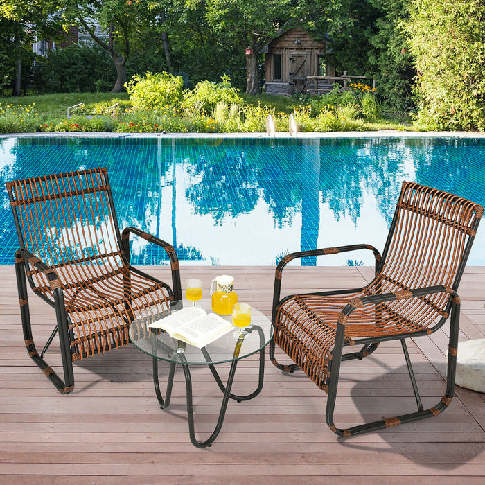 3 Piece Rattan Furniture Set with Glass Coffee Table