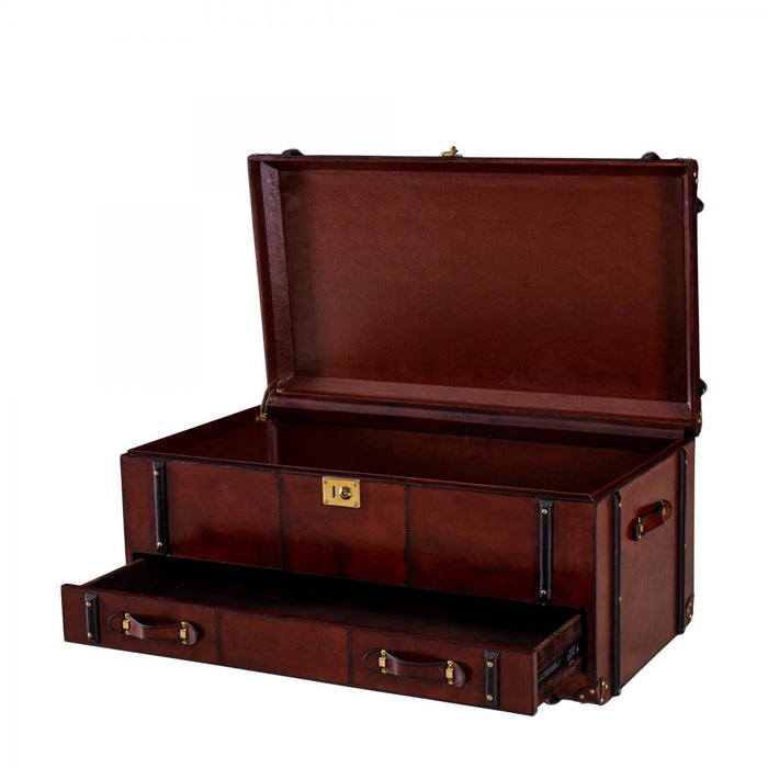 SE-3837 - Handcrafted Leather Coffee Table Trunk With Drawer - Cognac