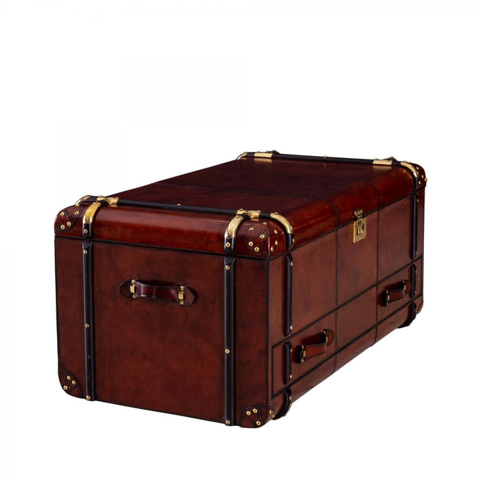 SE-3837 - Handcrafted Leather Coffee Table Trunk With Drawer - Cognac