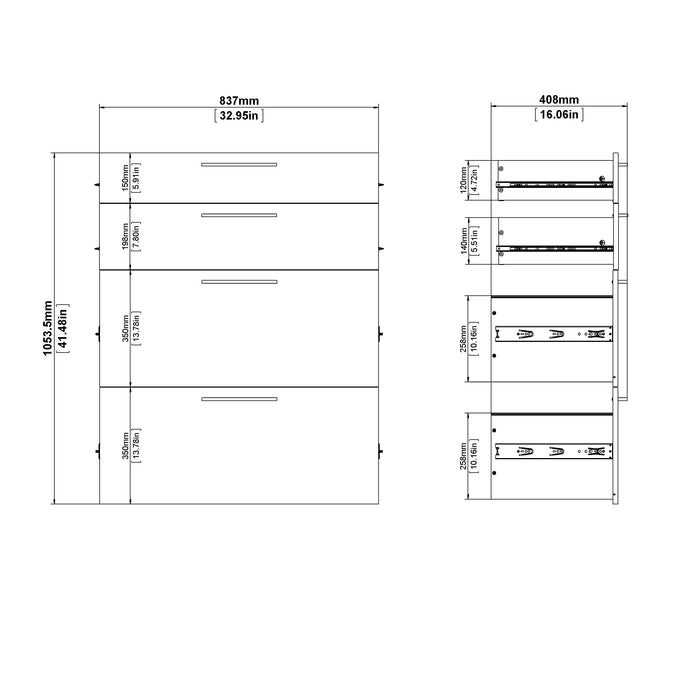 Prima Bookcase 1 Shelf With 2 Drawers + 2 File Drawers In White