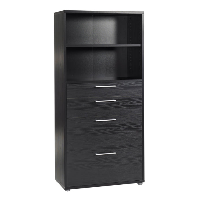 Prima Bookcase 1 Shelf With 2 Drawers + 2 File Drawers In Black Woodgrain