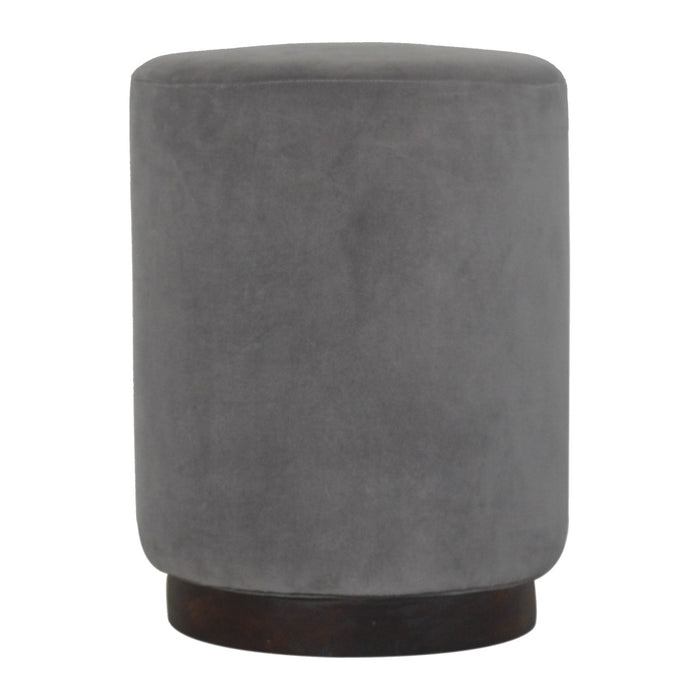 Grey Velvet Footstool with Wooden Base