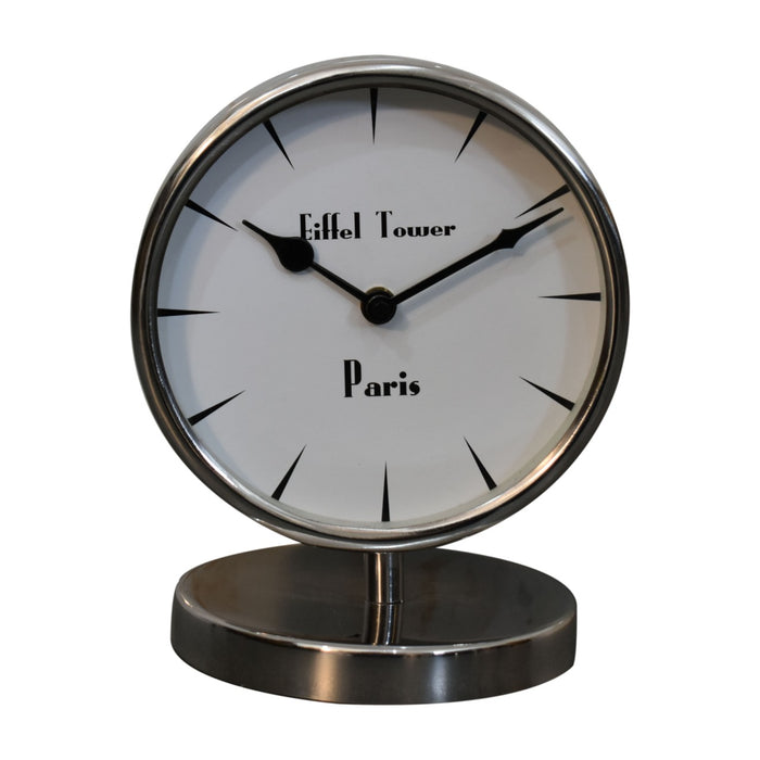 Round Chrome Table Clock with White Face