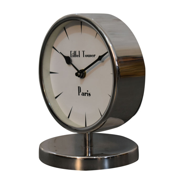 Round Chrome Table Clock with White Face