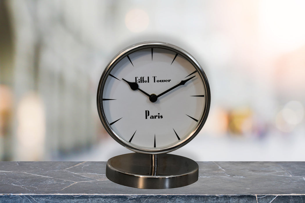 Round Chrome Table Clock with White Face